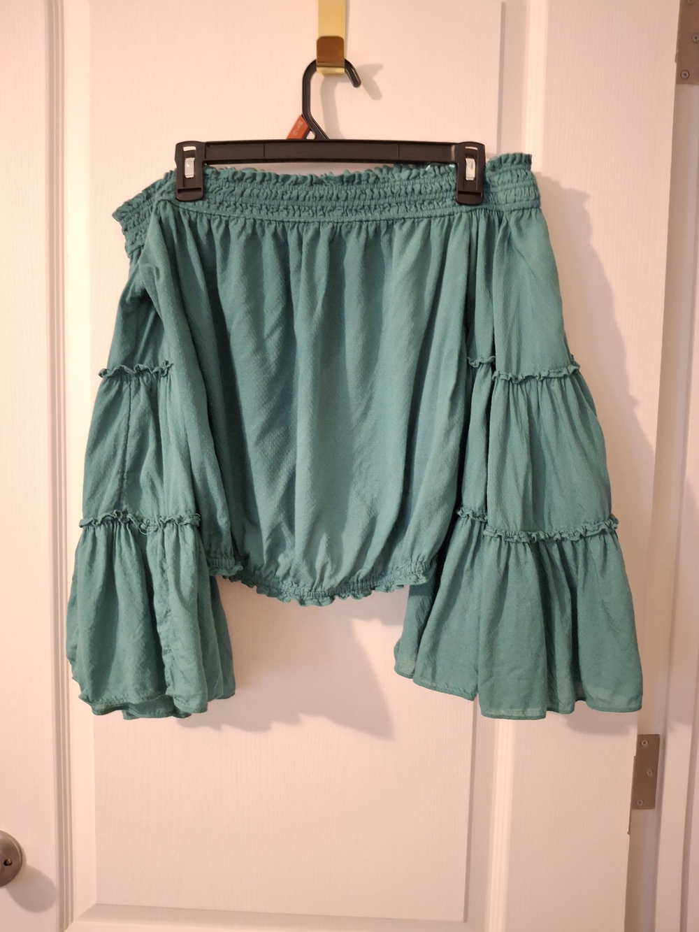 Free People Off-Shoulder Teal Tiered Bell-Sleeve Shirt